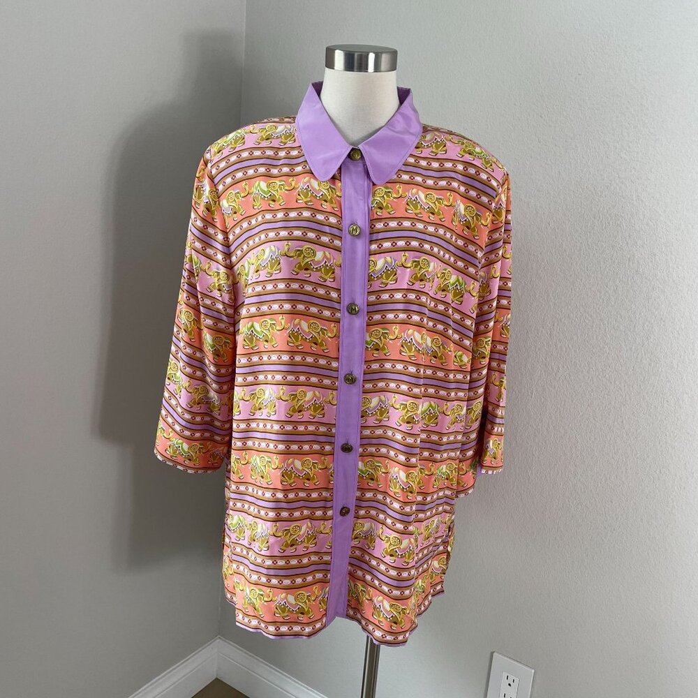 NEW Bob Mackie Womens Plus 1X Wearable Art Silk Button‎ Up Shirt Elephant Print